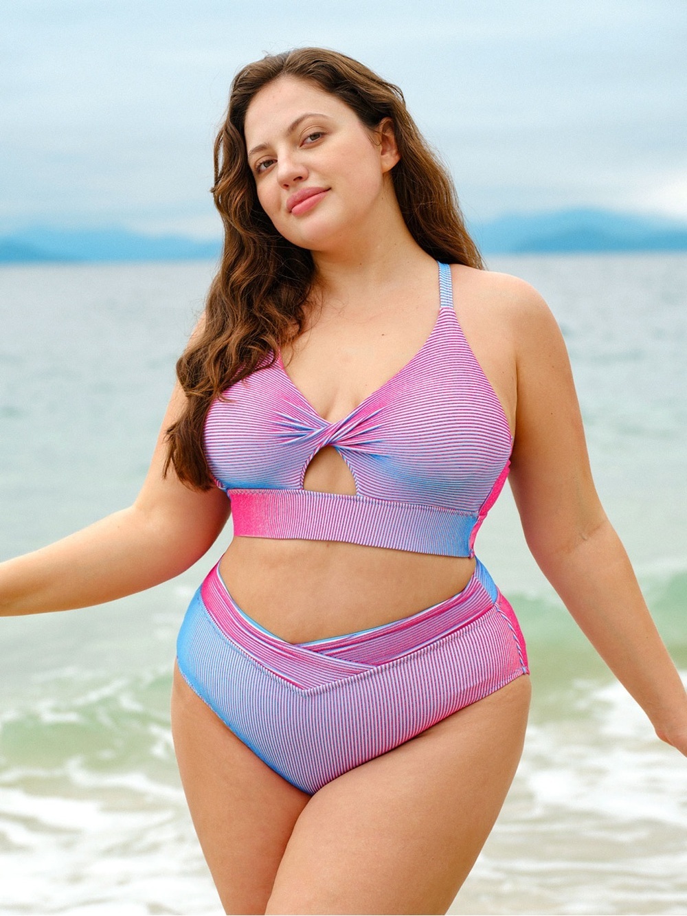 Plus Size Gradient Pink & Blue Twist-Front Swim Top and High Waist Bottom